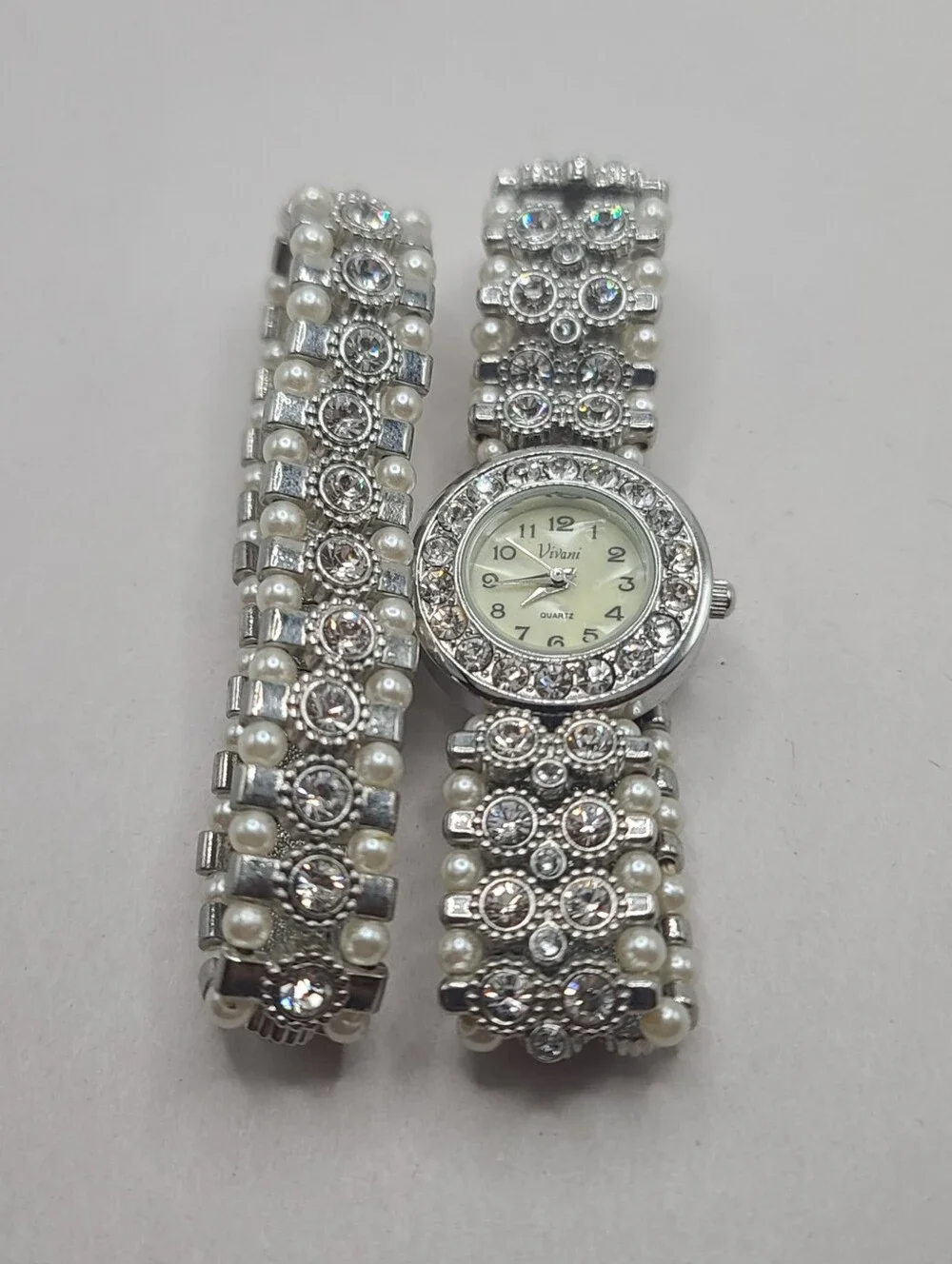 Vivani Faux Pearl Rhinestone Stretch Bracelet & Watch